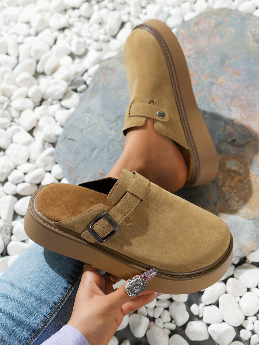 Women's Fall Square Buckle SlipOn Mule Shoes, Fashionable Flat
