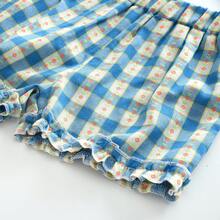 3 件套女童休闲蓝色花卉格子荷叶边短裤 + 长裤 + 无袖上衣 - 藍色 - 查看 8