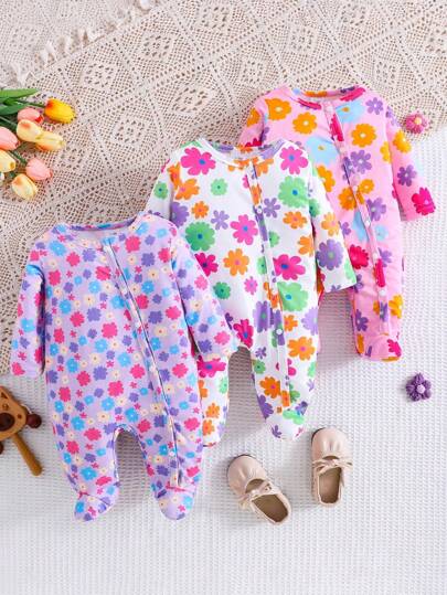 3 peças/Conjunto Macaquinho de Manga Longa com Estampa Floral para Bebê Menina, Primavera e Outono