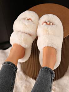 Zapatillas de felpa cálidas para mujer, zapatillas de estar por casa con punta abierta, informales y de fácil puesta, suaves y cómodas para el invierno, con suela antideslizante - Beis - Ver 3
