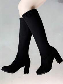 女式黑色过膝长靴，简约粗跟，弹性过膝，修身优雅，保暖内衬，适合秋冬季 - 黑色 - 查看 6