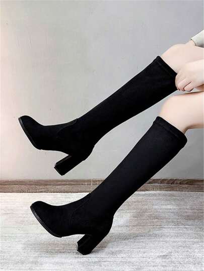 여성용 블랙 니하이 부츠, 심플한 굵은 굽, 무릎 위로 탄력적인, 슬림하고 우아한, 보온 열선 라이닝, 가을과 겨울용