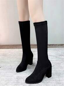 女式黑色过膝长靴，简约粗跟，弹性过膝，修身优雅，保暖内衬，适合秋冬季 - 黑色 - 查看 4