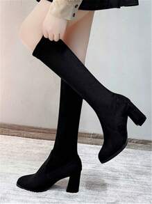 女式黑色过膝长靴，简约粗跟，弹性过膝，修身优雅，保暖内衬，适合秋冬季 - 黑色 - 查看 5