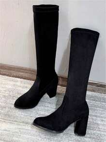 女式黑色过膝长靴，简约粗跟，弹性过膝，修身优雅，保暖内衬，适合秋冬季 - 黑色 - 查看 3