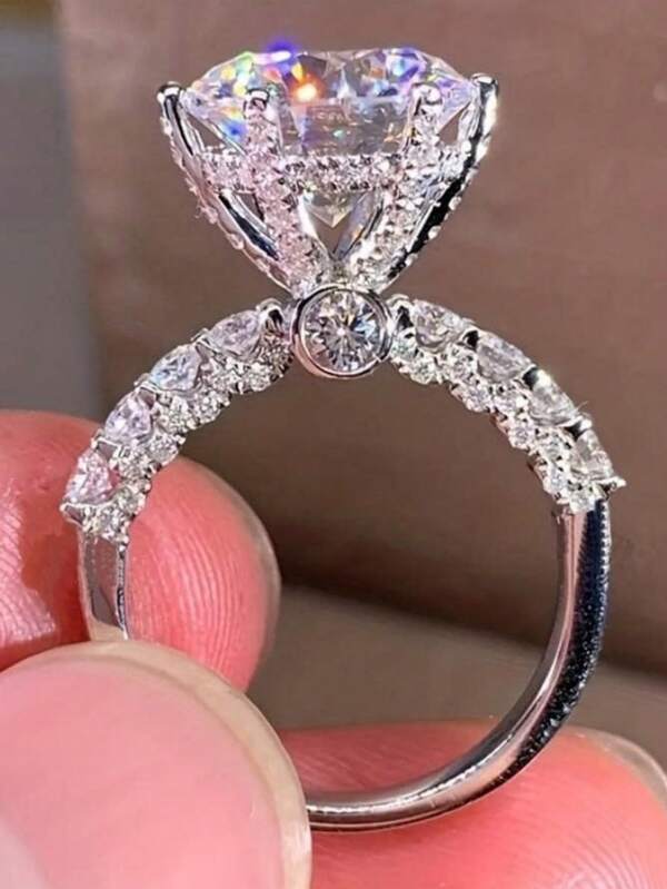 1pc Luxurious Round Cubic Zirconia Zinc Alloy Ring, Suitable For Women's Daily Wear, Wedding, Engagement, Gift