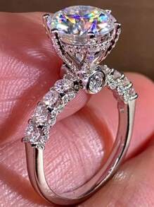 1 件奢华圆形方晶锆石锌合金戒指，适合女性日常佩戴、婚礼、订婚、礼物 - 銀色 - 查看 4