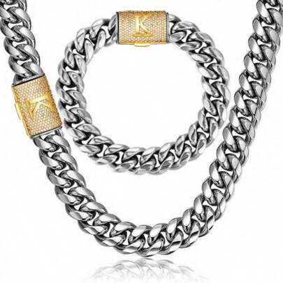 2pcs 14mm Men Curb Punk Link Chain Thick 18K White Golden Plated Hip Hop Jewelry Set Stainless Steel Initial Letter K Buckle  Necklace Bracelet Set