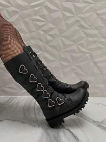 Bota de piel para mujer con hebillas en forma de corazón - Negro - Ver 2