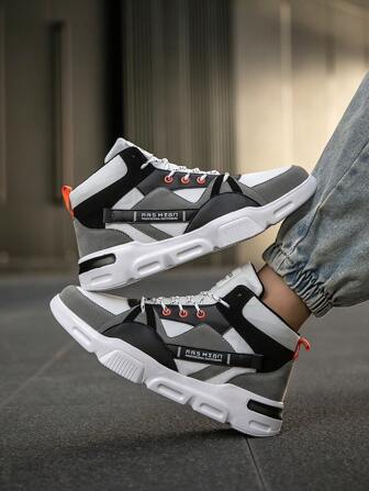 男士个性化字母拼色系带高帮休闲运动鞋，时尚、舒适、透气、百搭跑鞋