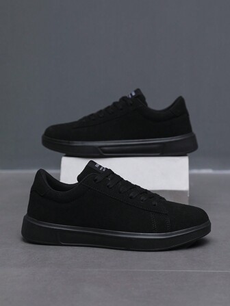 (One Size Runs Small) Men's Simple Solid Black Front Lace-Up Splicing Comfortable Casual Sneakers, Classic Fashion Versatile Outdoor Street School Sports Hiking Shoes