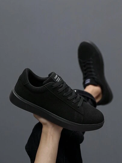 (One Size Runs Small) Män Enkel Solid Black Front Snörning Skarvning Bekväma Casual Sneakers, Klassiskt Mode Mångsidig Utomhus Street Skola Sport Vandringsskor