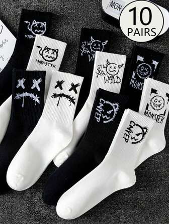 1/10 Pairs Men's Thin, Versatile, Comfortable Ankle Socks With Smiling & Ghost Face Designs, Suitable For Spring/Summer, Fall