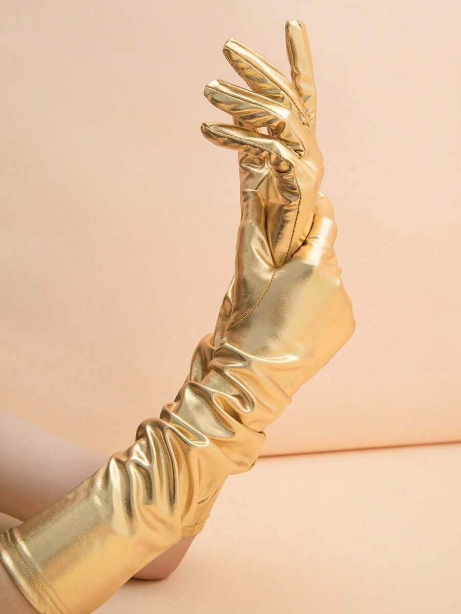 1pair Shiny Patent Leather Opera Gloves For Party/Formal Occasions Halloween Wedding Summer,Travel,Festival - Gold - View 1