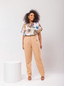Gigi Estilo Women's Plus Size Tailored Set, Trousers And Formal Blouse - 白花/裸色 - 查看 1