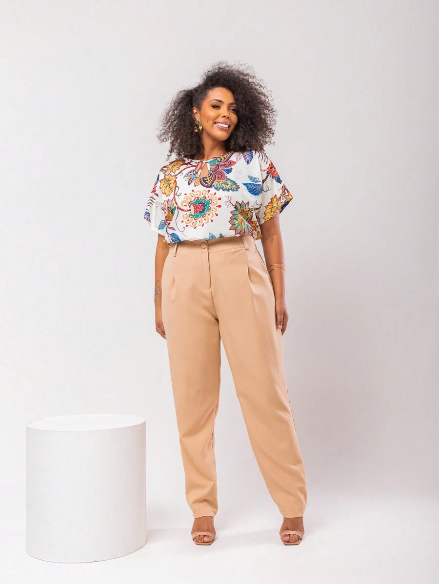 Gigi Estilo Women's Plus Size Tailored Set, Trousers And Formal Blouse - 白花/裸色 - 查看 1