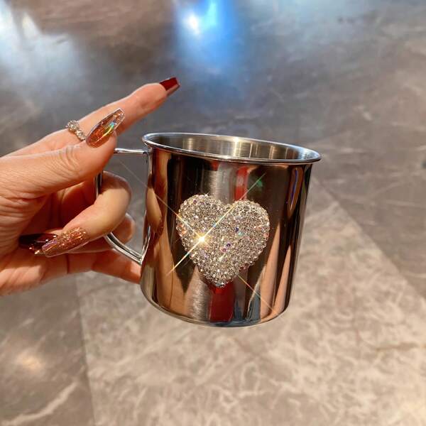 Taza de acero inoxidable con corazón de cristal brillante - Taza de lujo para café, té, bebida de moda, cerveza, reutilizable, vajilla