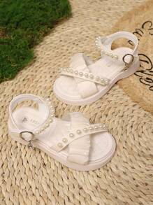 1 Paar Mädchen Perlen Spitze dekorierte Sandalen mit Metallschnalle Anhänger, Haken- und Schlaufenverschluss, niedlicher Prinzessinnen Stil, atmungsaktive weiche Flache Sandalen