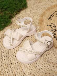 1 Paar Mädchen Perlen Spitze dekorierte Sandalen mit Metallschnalle Anhänger, Haken- und Schlaufenverschluss, niedlicher Prinzessinnen Stil, atmungsaktive weiche Flache Sandalen