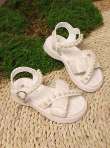 1 Paar Mädchen Perlen Spitze dekorierte Sandalen mit Metallschnalle Anhänger, Haken- und Schlaufenverschluss, niedlicher Prinzessinnen Stil, atmungsaktive weiche Flache Sandalen