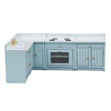 1/12 Scale Wooden Dollhouse Miniature Kitchen Furniture Set - Includes Cabinet, Refrigerator, Stove, Sink And Counter, Suitable For Decorative Dollhouse, Pink Color