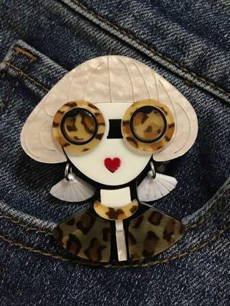 1pc Cartoon Girl Wearing Fan-Shaped Earring Design Fashion Acrylic Brooch, Handmade Patchwork, Lovely Bag Accessory, Suitable For All Seasons Halloween Valentine's Day Dress Accessories Pin For Clothes Bag Charm Backpack For School Office Accessories Shirts Jacket Jewelry Christmas Clothes Pin Funny Cute Teacher Gifts