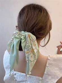 1个/2个女士优雅甜美印花缎带人造珍珠流苏发圈，弹性发绳发饰发圈马尾辫发圈橡皮筋发圈发绳发饰美发家居发饰，夏季、假日、旅行、节日、生日 - 彩色 - 查看 5