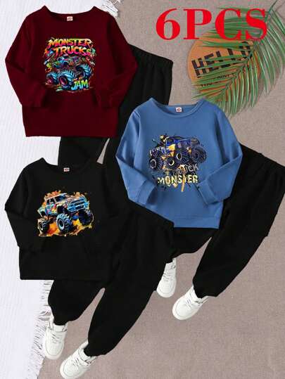 4pcs/Set Boys Spring Autumn Outfit - Comfortable Stretch Fabric, Cartoon Car Print Hoodie And Cargo Pants, Machine Washable