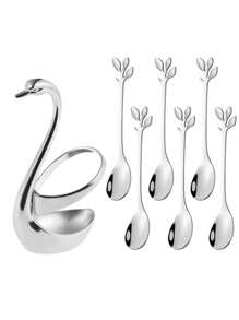 1 套星座天鹅形 6/12 件不锈钢水果/甜点/咖啡勺，带天鹅储物底座，适用于厨房、酒店、咖啡厅、节日礼物、厨房、圣诞礼物、学校用品 - 銀色 - 查看 8