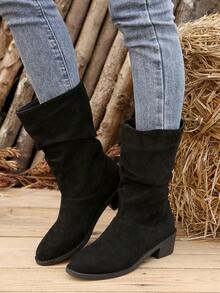 女式中筒休闲靴，纯色设计，大码女式粗跟中筒靴，织物鞋面和衬里，橡胶外底，侧拉链，圆头，适合日常穿着，四季休闲靴 - 黑色 - 查看 6