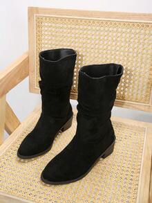 女式中筒休闲靴，纯色设计，大码女式粗跟中筒靴，织物鞋面和衬里，橡胶外底，侧拉链，圆头，适合日常穿着，四季休闲靴 - 黑色 - 查看 2