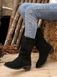 女式中筒休闲靴，纯色设计，大码女式粗跟中筒靴，织物鞋面和衬里，橡胶外底，侧拉链，圆头，适合日常穿着，四季休闲靴 - 黑色 - 查看 1