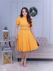 Women's Midi Dress With Belt Romantic Luxury Lese Cotton High Neck Elegant Modest Beautiful Party Wedding Zipper Buttons - 芥末黃 - 查看 1