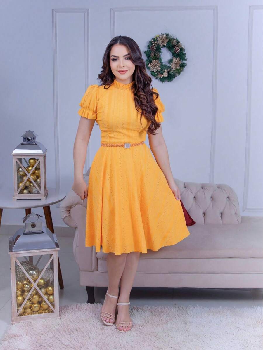 Women's Midi Dress With Belt Romantic Luxury Lese Cotton High Neck Elegant Modest Beautiful Party Wedding Zipper Buttons - 芥末黃 - 查看 1