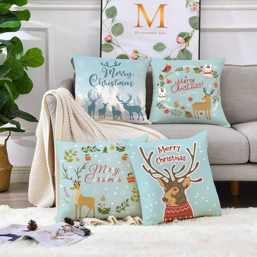 4pcs Christmas Pattern Pillow Covers Home Decor Sofa Cushion Covers, 1