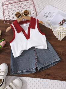 Conjunto informal de niña joven con top de tirantes de cuello cuadrado y falda short asimétrica en A