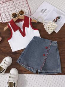 Conjunto informal de niña joven con top de tirantes de cuello cuadrado y falda short asimétrica en A