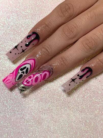 24Pcs Long Coffin Press On Nails, Black Pink Color Block Design, Skull Cartoon Pattern, Black Water Drop And Star Pattern, Y2K Style, Bring Cute Fashion Atmosphere For Halloween, Is A Creative Halloween Gift For Girls And Women Nail Supplies Nails