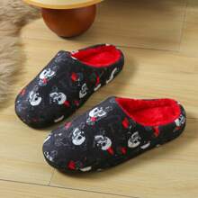 万圣节骷髅印花软底毛绒面料防滑保暖室内拖鞋 - 黑色 - 查看 2