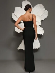 Handmade Beaded One Shoulder Knit Bandage Bodycon Dress, Elegant For Family Gatherings, Parties, And Evening Occasions - Black - View 2