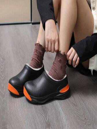 1pair Thermal Lined Waterproof Non-Slip Soft Sole Outdoor/Indoor Warm Slip-On Clogs, Retro Fashion Casual Thick Bottom Slippers For Couple, Students, Work, Daily Wear