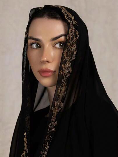 1pc Women's Geometric Pattern Rhinestone Plain Chiffon Soft Headscarf, Arabic Casual Long Scarf, Conservative Solid Color Head Wrap, Suitable For Daily Use