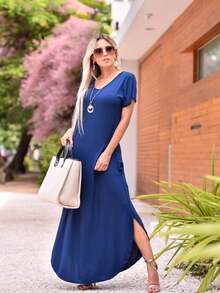 Women's Long Half-Sleeve Dress Surreal Viscolycra Dress - 水鴨藍 - 查看 4