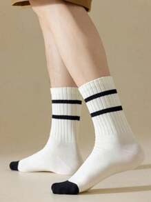 10双/20双女士日常舒适中筒双条纹袜子，秋季 - 彩色 - 查看 4