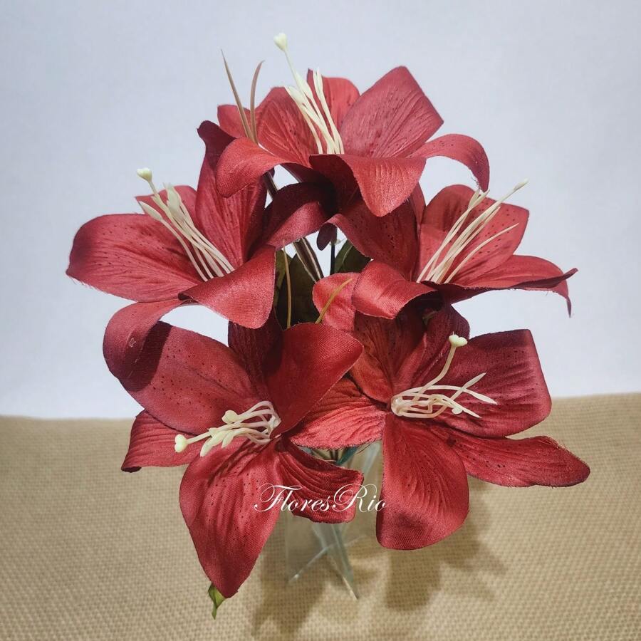 Artificial Lily Bouquet With 5 Flowers For Wedding Decoration, Arrangements, Decorating Parties And Home - 秋紅 - 查看 1