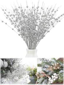 Christmas Silver Flowers,Pearl Sticks,Artificial Sparkling Berry Stem Silver Decoration, Christmas Tree Decorations,Berry Bead Stick, Filled Flower Arrangement, Wedding Party Favor, DIY Christmas Wreath, Handicrafts,Holiday Home Decor - Multicolor - View 3