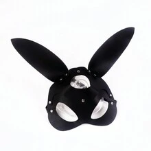 性感成人兔女郎眼罩，皮革面罩，适合角色扮演、派对、夜总会、万圣节 - 黑色 - 查看 3