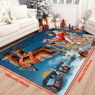 1pc 'Santa Claus Rides Reindeer Cart To Deliver Gifts On Christmas Night Christmas' Non-Slip Resistant Rug, Machine Washable, Carpet For Entryway Living Room Bedroom Nursery Room, Outdoor Patio Garden Yard Decor Rug, Home Decor, Room Decor, Area Rug, Tapestry