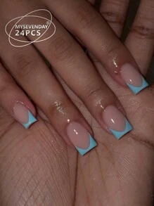 24片短方形美甲贴纸，清新浅蓝色撞色，韩式美甲贴纸，指甲尖设计，包含1片果冻胶和1片防滑贴纸，适合派对、舞会、日常佩戴，可拆卸可重复使用的美甲贴纸。 - 彩色 - 查看 1