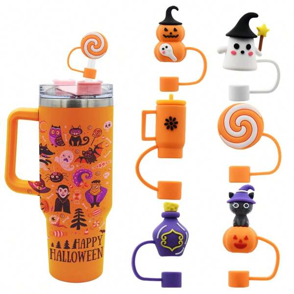 1/6 piezas Decoraciones para sorbetes de Halloween, puntas de sorbetes con temática de Halloween con diseño de calabaza y fantasma, tapas/cubiertas reutilizables para sorbetes con accesorios de protección de sorbetes compatibles con vasos de 30 y 40 onzas